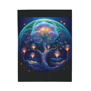 May include: A vibrant, colorful tree with glowing lights, surrounded by a blue and purple orb, set against a dark background.