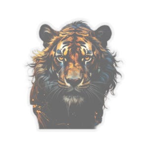May include: A sticker featuring a detailed illustration of a tiger's face. The tiger has orange and black stripes, with a mane of dark fur. The eyes are a bright orange, and the overall design has a painterly quality.