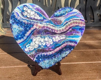 Heart wall art, purple blue crystal silver, resin geode painting, rare find, hand made resin art