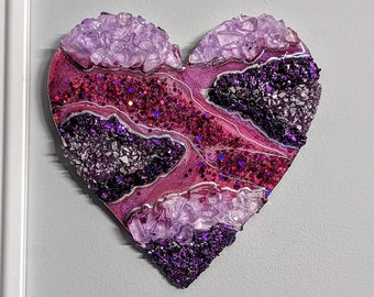 Heart wall art resin purple theme with glass chunks, purple foil, holographic glitter, premium resin pigments, 8"w x 8"h