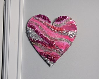 Heart wall art 8x8" resin Valentine's day gift, pink and silver theme with glass chunks, holographic glitter, premium resin pigments