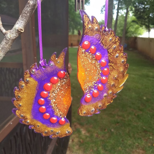 Purple orange and bronze resin wings pair, 2 large angel wing ornaments or sun catchers