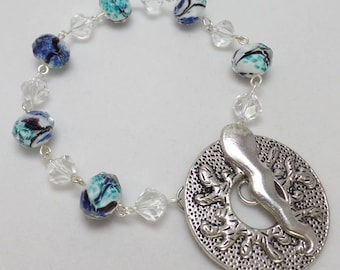 Fertility inspiration bracelet conception tool, sperm and egg reference, toggle clasp focal, glass beads, wire wrapped, blue,Swarovski beads