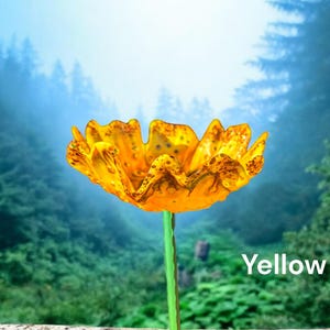 Pu&ograve; includere: Un fiore giallo con un aspetto unico, testurizzato e arricciato. Il fiore &egrave; a fuoco su uno sfondo sfocato di alberi verdi e cielo blu.