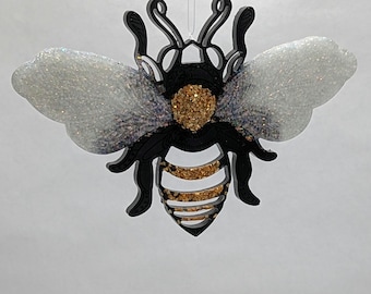 Large Resin Bee Ornament: Crystal Wings, Gold Shards Suncatcher, Garden Wall Art