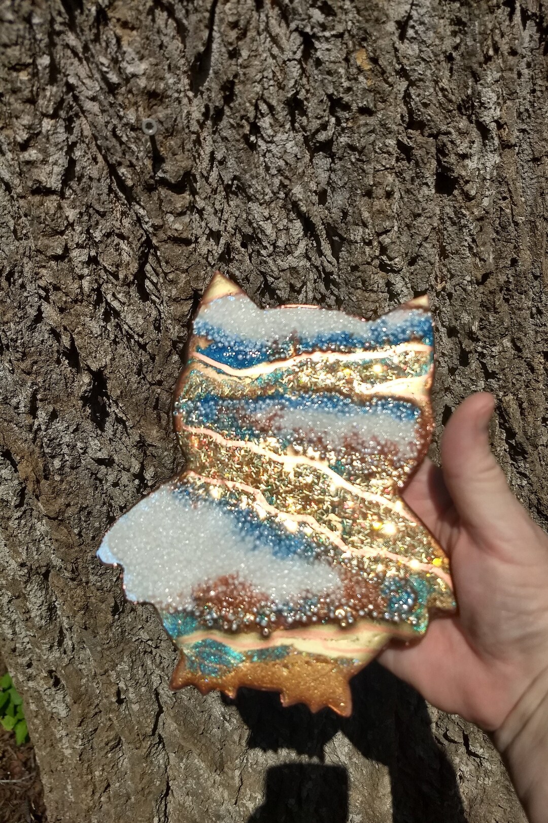 Unique Resin Owl Wall Art With Blue, White, Gold Accents and Glass Bead