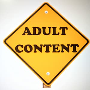 May include: A yellow diamond-shaped sign with black text that reads "Adult Content".