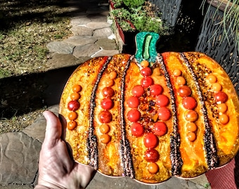 Pumpkin wall art resin hand made 11"w x 10"h fall color theme, glass gems, orange, bronze, glass glitter