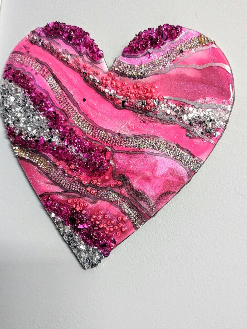 Stunning 8x8 Pink Silver Heart Art With Resin Glitter Glass for