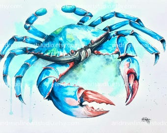Blue Crab on Veridian Watercolor painting