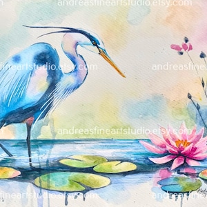 Blue Heron Among the Lily Pads Watercolor print