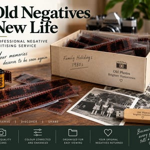 May include: A cardboard box filled with photographic film strips, a film canister, a wooden USB drive, and black and white photographs. The box is labelled "Family Holidays 1980s" and "Old Photos Brighter Tomorrows." Text includes "Old Negatives New Life" and "Professional Negative Digitising Service."