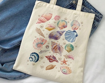 Seashells Cotton Canvas Tote Bag, Coastal Print