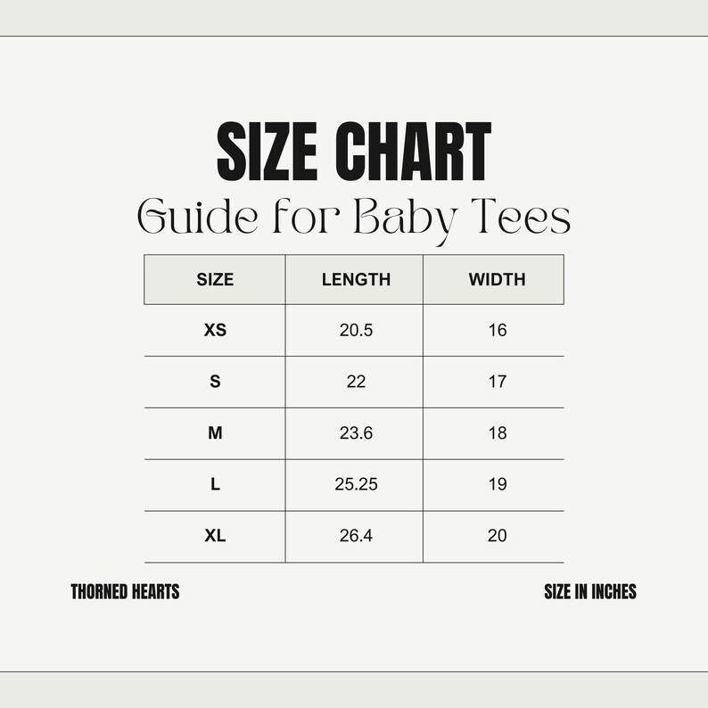 Size chart for baby tees