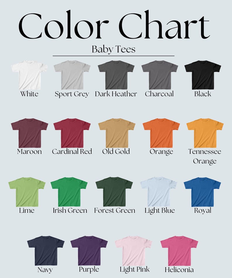 May include: Color chart for baby tees