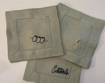 手刺繍 - カスタムリネンカクテルナプキン4枚セット