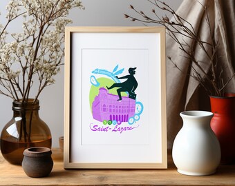 Paris travel poster, metro, Saint Lazare, Parisian wall art, travel gift, airbnb wall art, housewarming gift, saint lazare station