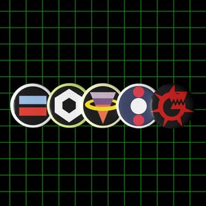 May include: A collection of five round black buttons with various geometric and abstract designs. The designs include horizontal stripes, a hexagon, a triangle with a yellow ring, circles, and a stylized red emblem. The buttons are set against a black grid background.