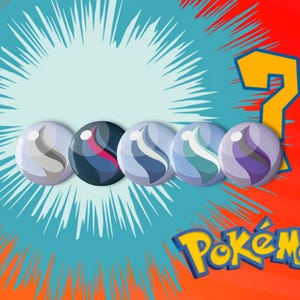 May include: Five spherical items arranged in a horizontal row, each featuring a distinct color pattern with a central swirl design. The background displays a bright blue burst effect on a red field, with a large yellow question mark and the Pokémon logo.