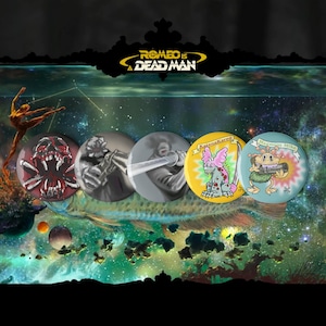 May include: Five circular pin badges with diverse designs. The badges display illustrations of a skull, a figure with a sword, and cartoon characters. The background is a cosmic scene with a fish and a dancer.