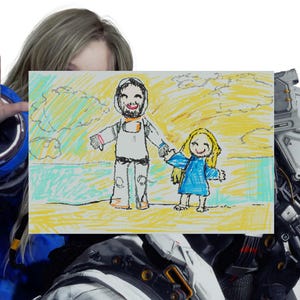 May include: A colorful crayon drawing depicts an astronaut holding hands with a young girl. The astronaut is in a white spacesuit, and the girl wears a blue dress. The background features a yellow sky and a sandy beach, creating a heartwarming scene.