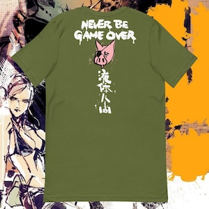 May include: A green short-sleeved t-shirt with a pink pig wearing an eye patch and the text "NEVER BE GAME OVER" in white spray paint. The text "永遠不倒" is also printed in white on the back of the shirt.