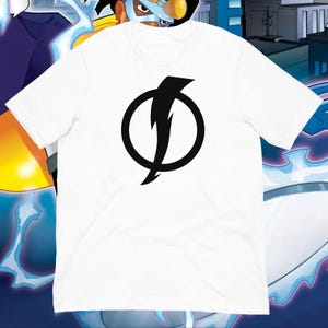May include: White t-shirt featuring a black lightning bolt design inside a circle. The graphic is centered on the front of the shirt. The shirt is made of a soft material and has short sleeves.