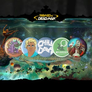 May include: Five circular pin badges with diverse designs. The badges display illustrations of a purple monster, a person's face, the words "CHILL DAY", a magnifying glass, and a vampire. The background includes a fish, planets, and the text "ROMEO IS DEAD MAN".