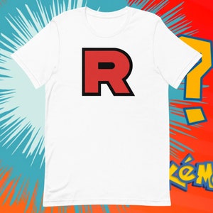 May include: White t-shirt with a red "R" logo in a black outline. The "R" is a stylized letter with a black line across the middle.