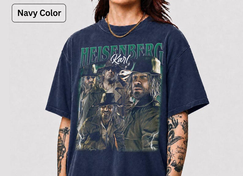 May include: Navy blue t-shirt with a graphic of men in hats and the text "HEISENBERG Karl" in green. The design has a vintage, distressed appearance.