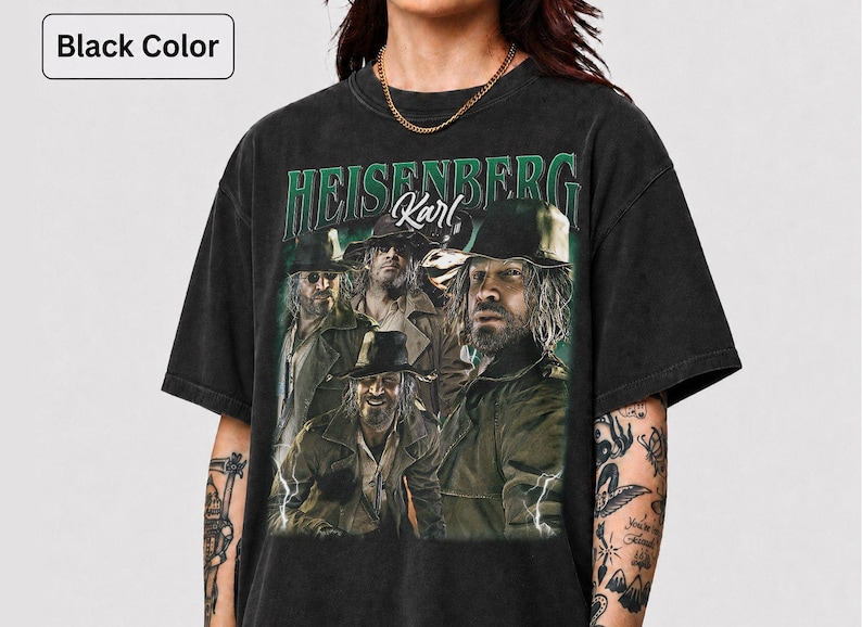May include: Black t-shirt with a graphic of a man with a beard and hat, and the text "HEISENBERG Karl" in green. The image has a vintage, distressed appearance.