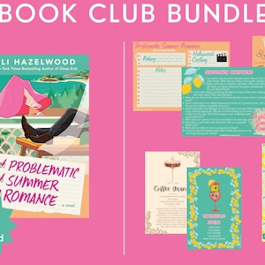 May include: A pink background with the text "BOOK CLUB BUNDLE" at the top. The image includes a book cover, discussion cards, and a bookmark. The book cover is for "Problematic Summer Romance" by Ali Hazelwood. The discussion cards have lemon and cocktail graphics.