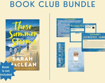 May include: A book club bundle with the title "These Summer Storms" by Sarah Maclean. The image includes a book cover, discussion questions, and other related materials. The book is not included.