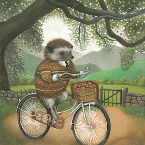 Hedgehog art, hedgehog on bicycle painting, forest animal wall art, 8x10 art print, Arthur image 1