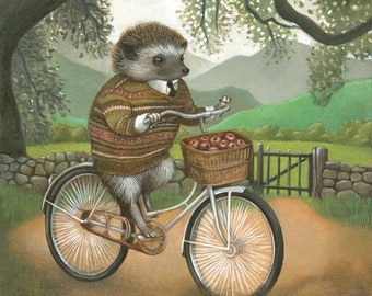 Hedgehog art, hedgehog on bicycle painting, forest animal wall art, 8x10 art print, "Arthur"