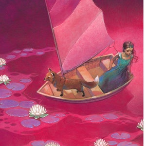 Girl with Fox in Boat Fantasy Art, 11x17 Magical Sailing Red Painting, Boat Drifting Among Water Lilies Fine Art Print,  "Adrift"