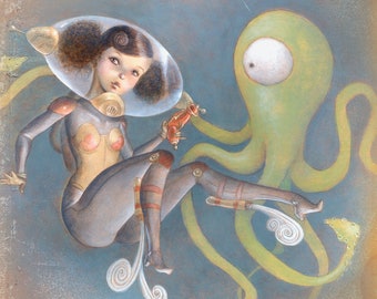 Space Pinup Girl Art, Astronaut Painting, Scifi Alien Tentacle 12x16 Art Print - "Raygun Love"