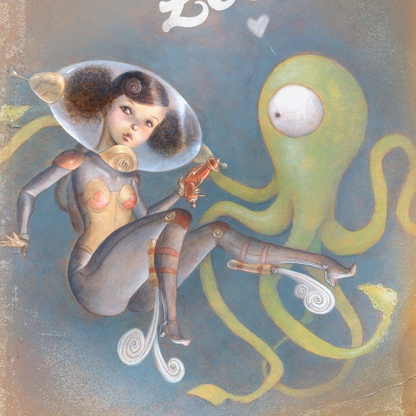 Space Pinup Girl Art, Astronaut Painting, Scifi Alien Tentacle 12x16 Art Print - "Raygun Love"