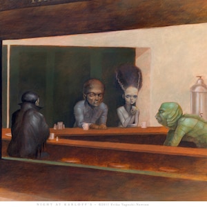 Universal Monsters in Nighthawks parody painting 16x12 wall art print w/ Dracula, Wolfman, Bride of Frankenstein, Creature from Black Lagoon