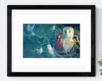 Girl with Owls Catching Dreams 9x12 Art Print, Spirit Animal Art Painting - "Dreamstealer"