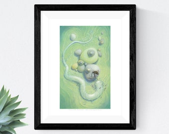 Water Serpent Axolotl Fantasy Art, 9x12 Sea Monster Art Print, Whimsical White Sea Dragon Painting - "Shallow Waters"