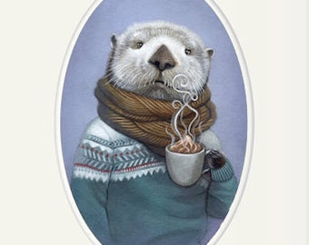 Sea otter art, sea otter wearing a sweater with hot cocoa animal portrait painting wall art, 8x10 nursery art print, "Wallace"