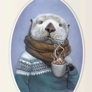 Sea otter art, sea otter wearing a sweater with hot cocoa animal portrait painting wall art, 8x10 nursery art print, Wallace image 3