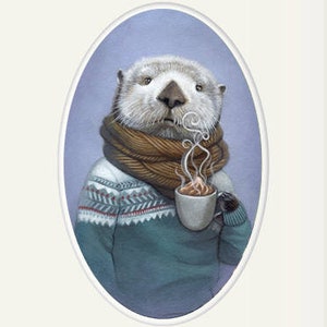 Sea otter art, sea otter wearing a sweater with hot cocoa animal portrait painting wall art, 8x10 nursery art print, Wallace image 1