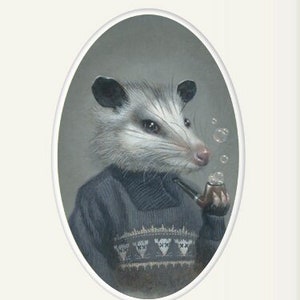 Opossum with bubble pipe art print, possum animal portrait painting wall art, 8x10 home decor art print, "Benjamin"