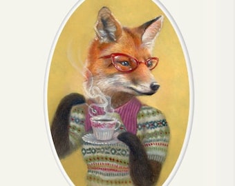 Fox with tea cup art print, girl fox animal portrait painting wall art, 8x10 home decor art print, "Agatha"