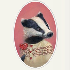 Badger art, badger girl wearing a sweater with heart-shaped lollipop animal portrait painting wall art, 8x10 whimsical art print, "Beatrice"