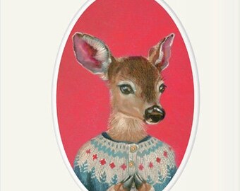 Deer art, girl deer wearing a sweater with pine trees, forest animal portrait painting wall art, 8x10 nursery art print, "Elsa"