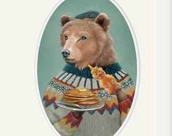 Bear art, bear wearing a sweater with pancakes and honey animal portrait painting wall art, 8x10 nursery art print, "Sawyer"