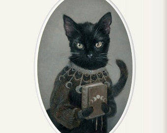"Schwarze Katze im Pullover mit Buch, Kunstdruck ""Eliza"", 20x25x30 cm, Haustier Porträt Malerei"